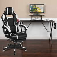 Flash Furniture BLN-X40RSG1031-WH-GG Black Gaming Desk with Cup Holder/Headphone Hook/Monitor Stand & White Reclining Back/Arms Gaming Chair with Footrest